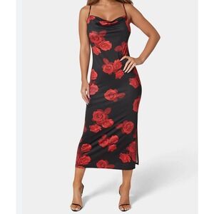 Bebe Women's Floral Maxi Slip Dress Black Red Rose Whimsigoth Vamp Sexy Size S